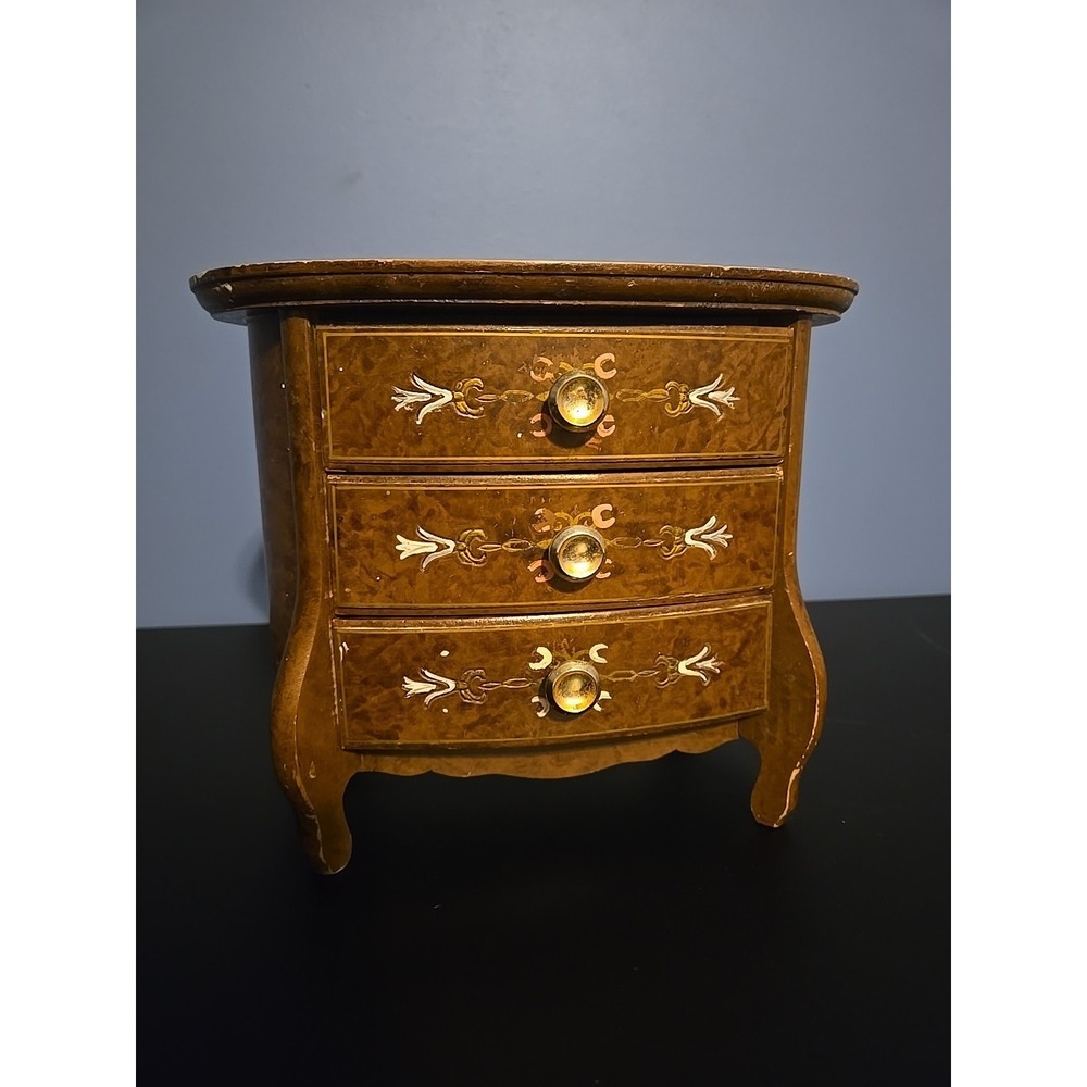 Vintage Wooden Dresser Style Jewelry Music Box 3 Drawers Inlayed Designs Japan